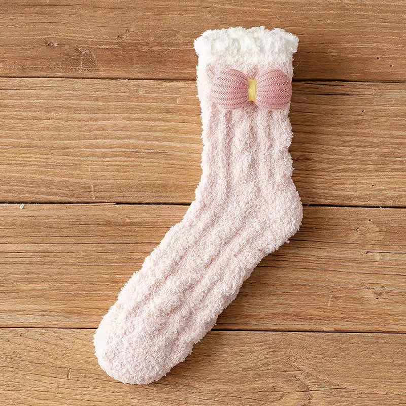 Coral Fleece Women Socks Bow rabbit Bear Candy Winter Thickening Cute Mid-tube Sock Ladies Home Bed Floor Slipper Sox: fen-hu-die-jie