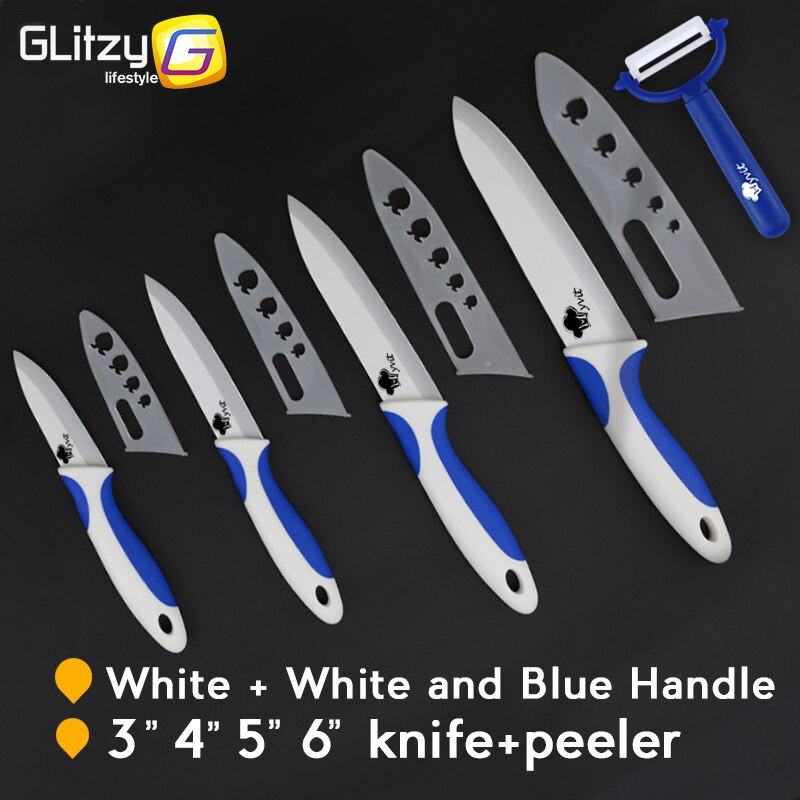 Keramisk kniv zirconia kök kock grönsaker frukt kniv vitt blad 3 " 4 " 5 " 6 " tum + skalare matlagningsset mjukt halkskydd: Blåvitt handtag