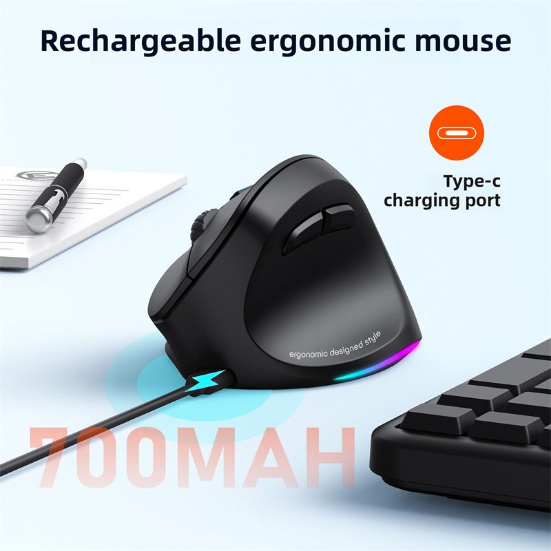 Meetion Mishen Left-Handed Ergonomic Vertical Wireless Mouse Black Light Version Rechargeable Btm010 DPI 2400: black