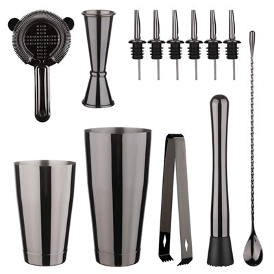 Cocktail Shaker Bar Set: 2 Weighted Boston Shakers,Cocktail Strainer Set,Jigger,Muddler and Spoon, Ice Tong and 2 Bottle Pourer: Black Sets4