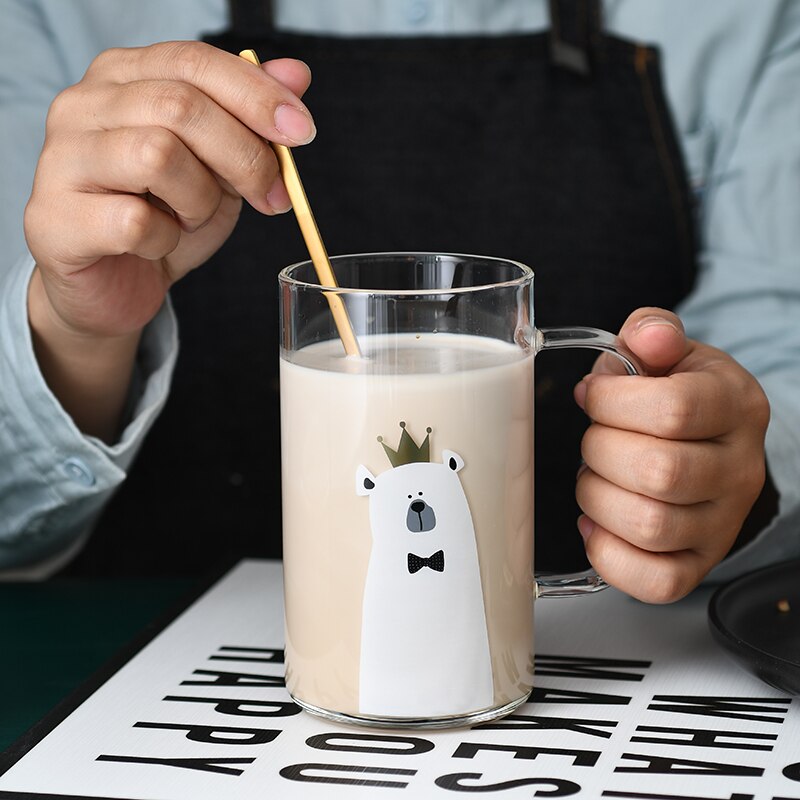 Taza de cristal creativa para el desayuno, taza de café o té con mango transparente, con cubierta, para el hogar y la Oficina