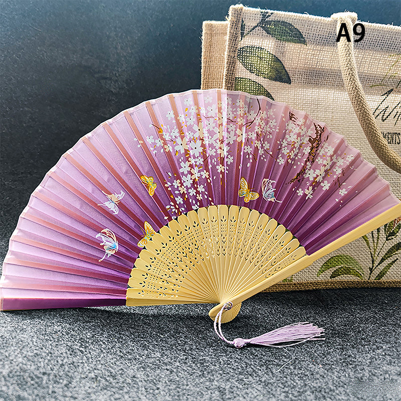 Chinese Japanese Pattern Vintage Flower Butterfly Silk cloth Folding Fan Art Craft Home Decor Ornament Dance Hand Fan Fan: plum
