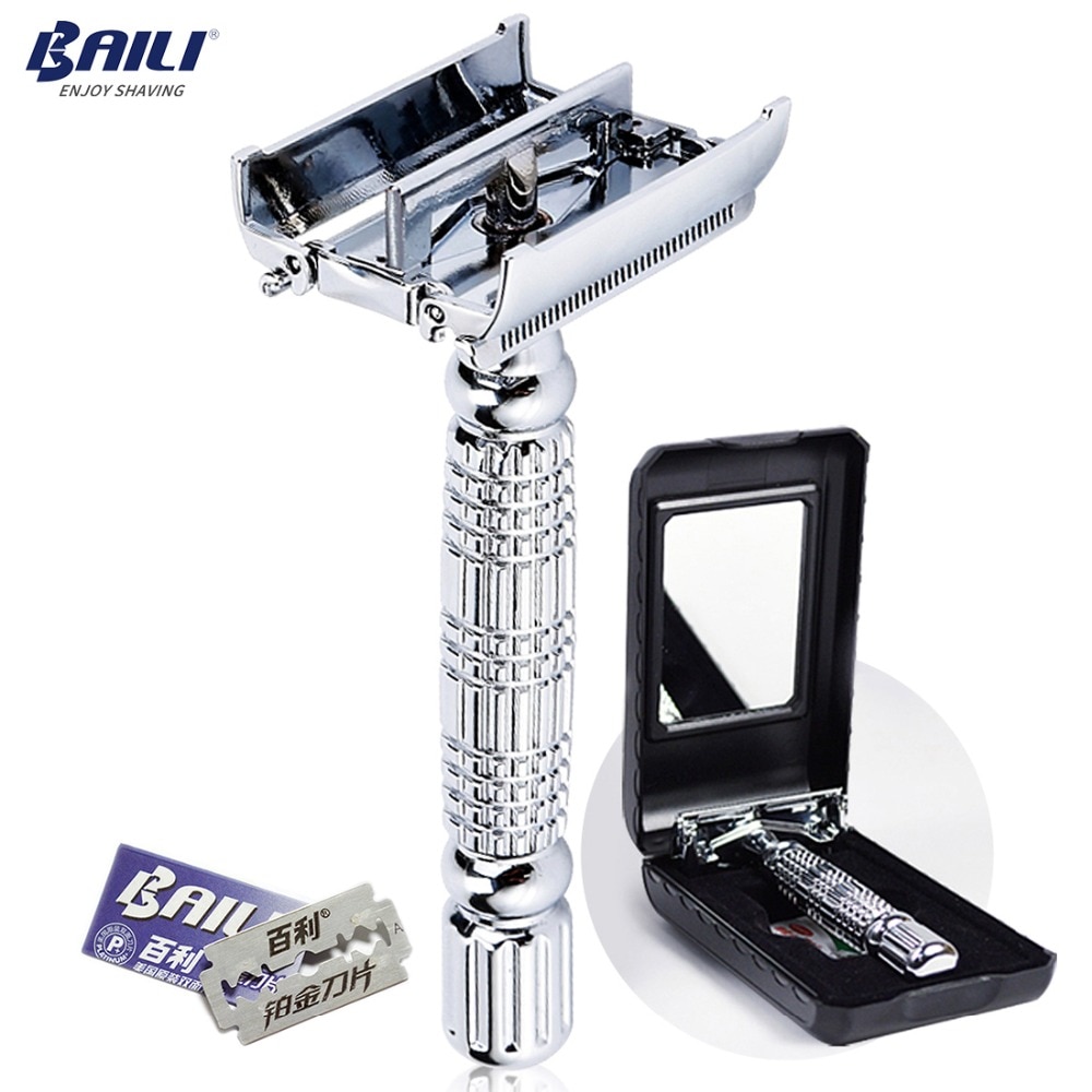 BAILI Luxury Stainless Manual Safety Blade Razor Double Edge Shaver Beard Shaving for Men with Mirror Case +6 Blades BD179