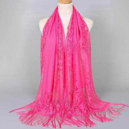 Women Cotton Polyester Floral Lace Scarf Shawl Tassels Party Wedding Lace Veil India Arab Muslim Hijabs Scarves: color 7 fuchisa