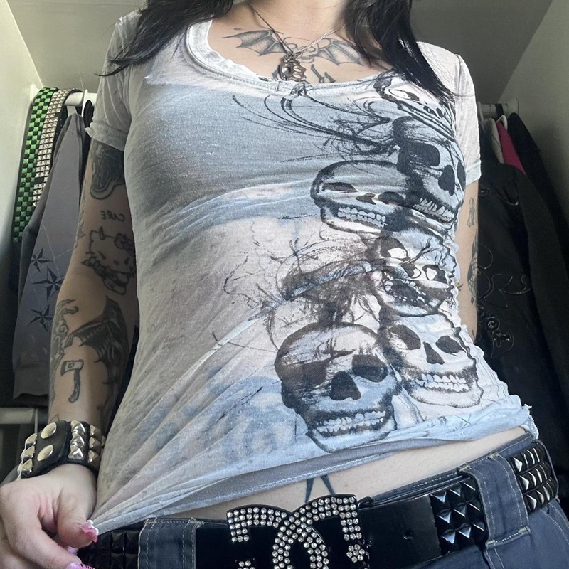 Camisetas cortas con cuello en V y teñido anudado gráfico Y2K E-girl, camiseta gótica Grunge con estampado de calavera, camisetas ajustadas de manga corta Retro Emo de los años 2000