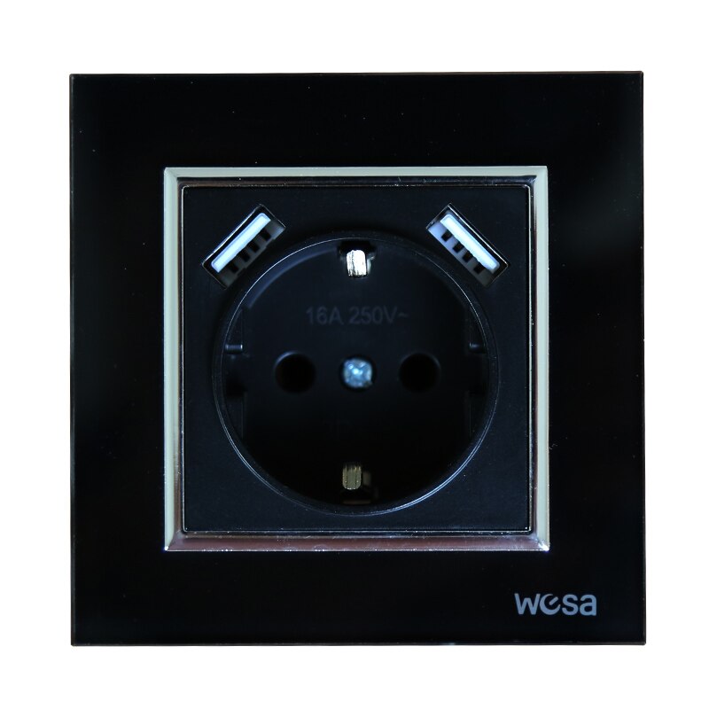 Enchufe de pared decorativo USB doble, , 5V, 2A, marco de vidrio templado dorado, FB-19,: Black