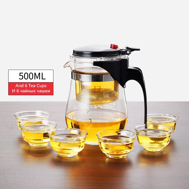 Tekanna värmebeständigt glas te krukor te infusionsanläggning kinesisk kung fu te uppsättningar vattenkokare kaffeglas tillverkare bekvämt kontors te set: 500ml och 6 tekoppar