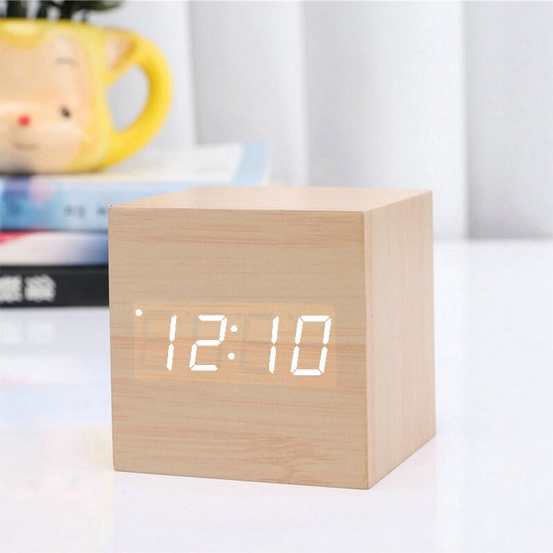 Led træ vækkeur ur bord stemmestyring vågne lys digitalt træ ur alarm usb/aaa powered ure bord boligindretning: S lysebrun hvid