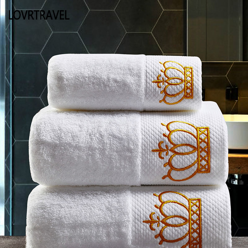 Brodert imperial krone bomull hvitt hotell håndkle sett ansikt håndklær badehåndklær for voksne vaskekluter absorberende håndkle: 3-- delt sett