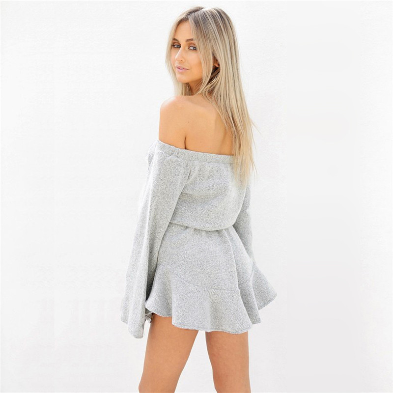 ELSVIOS Stijl Herfst Jurk Sexy Strapless Lange Mouwen Gebreide Mini Jurken Casual Off Shoulder Grijs Elegante Vrouwen Jurk