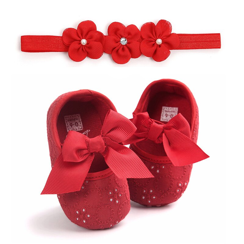 Gloednieuwe Peuter Kids Baby Meisjes Jongens Strik Schoenen + Hoofdband 2 Stuks Lace Bloemen Zachte Schoenen Lente Eerste wandelaars 0-18M: Rood / 13-18 months