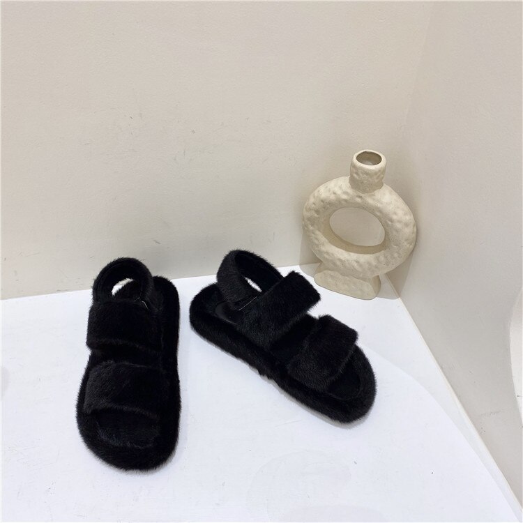 Vinter mink pels sandaler kvinner elastisk stropp gladiator sandaler bomullssko studenter flipflops kvinne dobbeltbånd lodne sandalier: Svart / 5