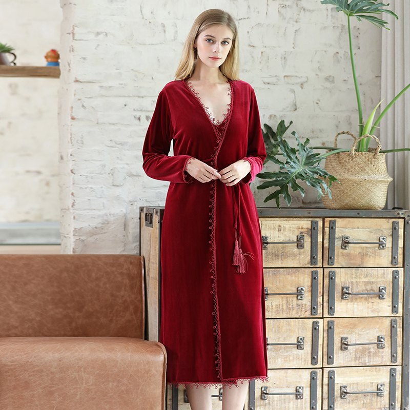 Nightgowns Women Autumn Velvet Homewear French Style Sexy Long Sleeve Warm Sleepwear