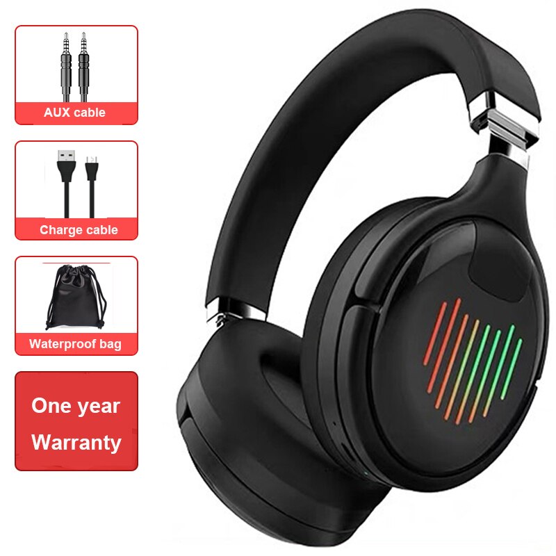 Casque sans fil Bluetooth casque de jeu Bluetooth 5.0 3D stéréo pliable lumière LED avec Radio FM TF carte pour téléphone portable: Black