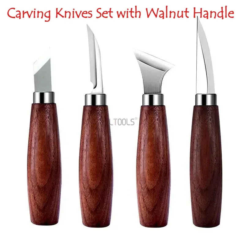 Carbon Steel Carving Knives Set with Walnut Handle Delicate Durable Four Style Engraving Knife Hand Tools Woodworking Tools Set