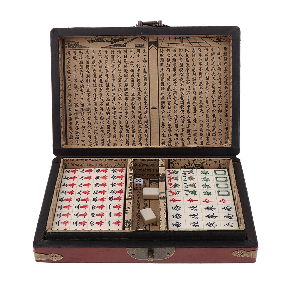 Small Szie Traditional Chinese Version Mahjong Game Set - 144 Fiberboard Tiles & Instruction in Wooden Storage Box