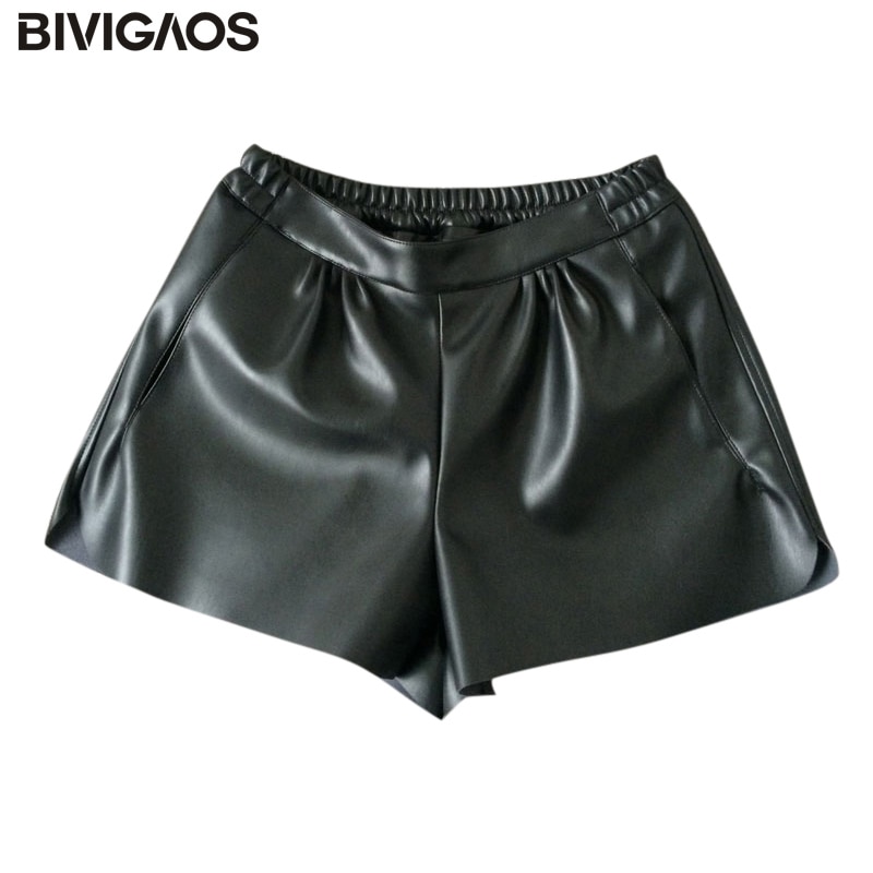 Bivigaos efterår vinter sort læder korte bukser pu læder elastiske talje shorts kvindelige løse casual shorts til kvinder