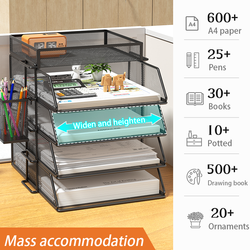 4 Tier Desk Organizer - Stackable Paper Tray, Paper File Organizer for Desk, 5 Trays Mesh Stackable Paper Tray Desktop Document