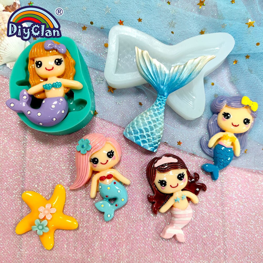 Moule sirène en Silicone pour décoration de gâteau Fondant, dessin animé, filles, Cupcake au chocolat, forme en Silicone pour outils en argile polymère, étoile de mer