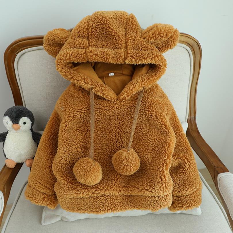 Winter Toddler Girls Clothes Boy Thicken Warm Cute Bear Top Baby Korean Lamb Wool Hooded Sweater: BN1311 brown / 12M