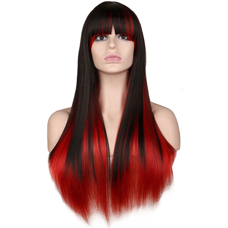 QQXCAIW Long Straight Cosplay Wig Women Costume Party Black Red Ombre Heat Resistant Synthetic Hair Wigs