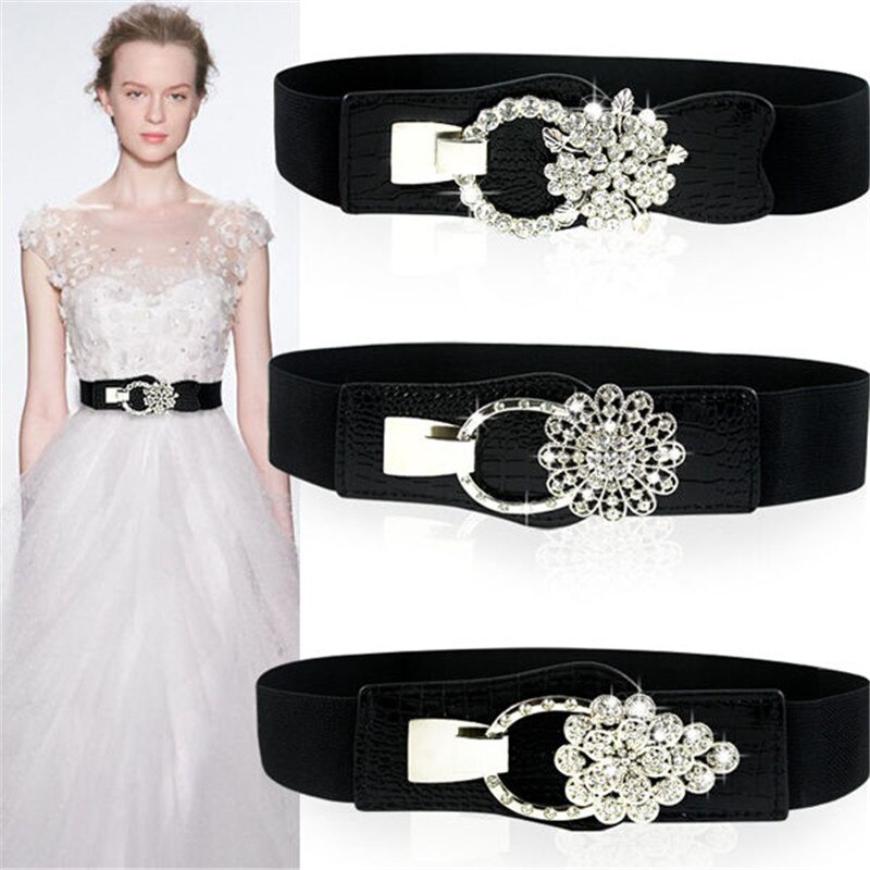 Ceintures pour femmes noires, taille élastique Simple pour dames, boucle de ceinture en métal avec décoration en diamant, pull robe à la ,