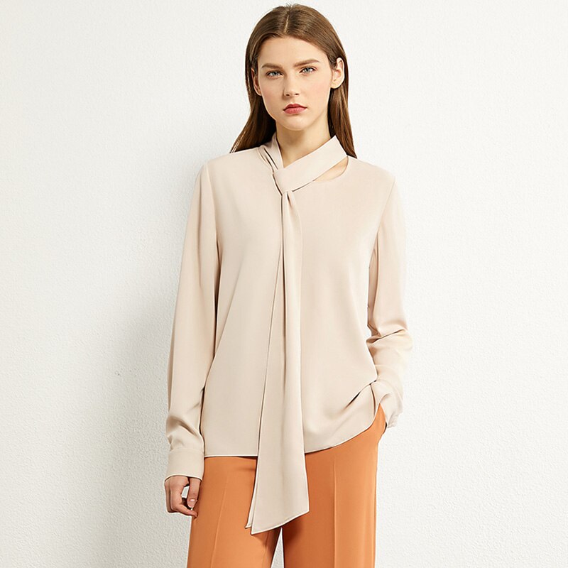 Amii-Blusa holgada informal con cuello redondo para otoño, Camisa lisa con cinturón para mujer, 12030268: Apricot / M