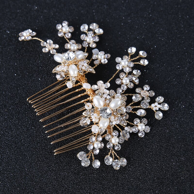 metal Leaves Pearl Mori crepe Hair combs women girls party Headwear bride headpiece: Platinum Plated