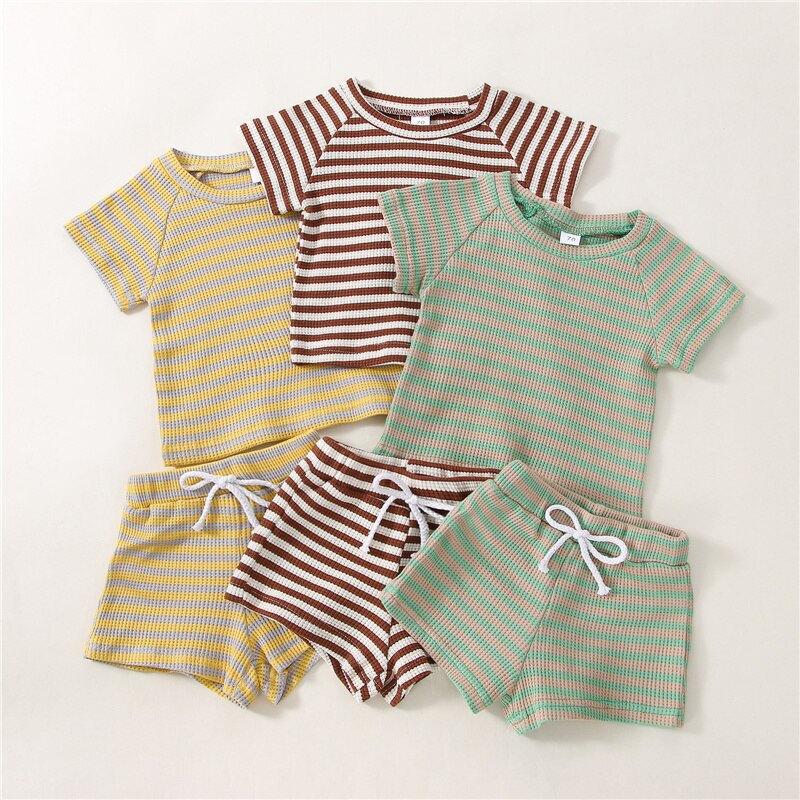 Zomer Pasgeboren Baby Kleding Klassieke Streep Korte Mouw T-shirt + Shorts Outfits Kid Jongen Meisje Katoen Tops Baby Kleding Set 0-2Y