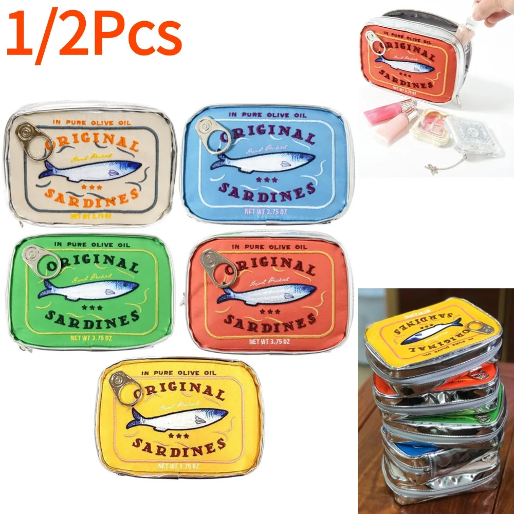 Bolsa de cosméticos bonita con forma de latas de sardinas, paquetes divertidos, bolsa de aseo portátil creativa, bolsas de maquillaje pequeñas y suaves con cremallera a la