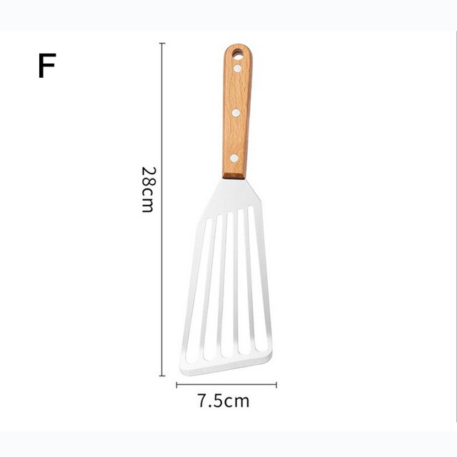 Multi-Purpose Cooking Stainless Steel Fish Spatula Metal Blade With Long Handle Fish Turner Utensils For Cooking Tools: Light wood handle-S