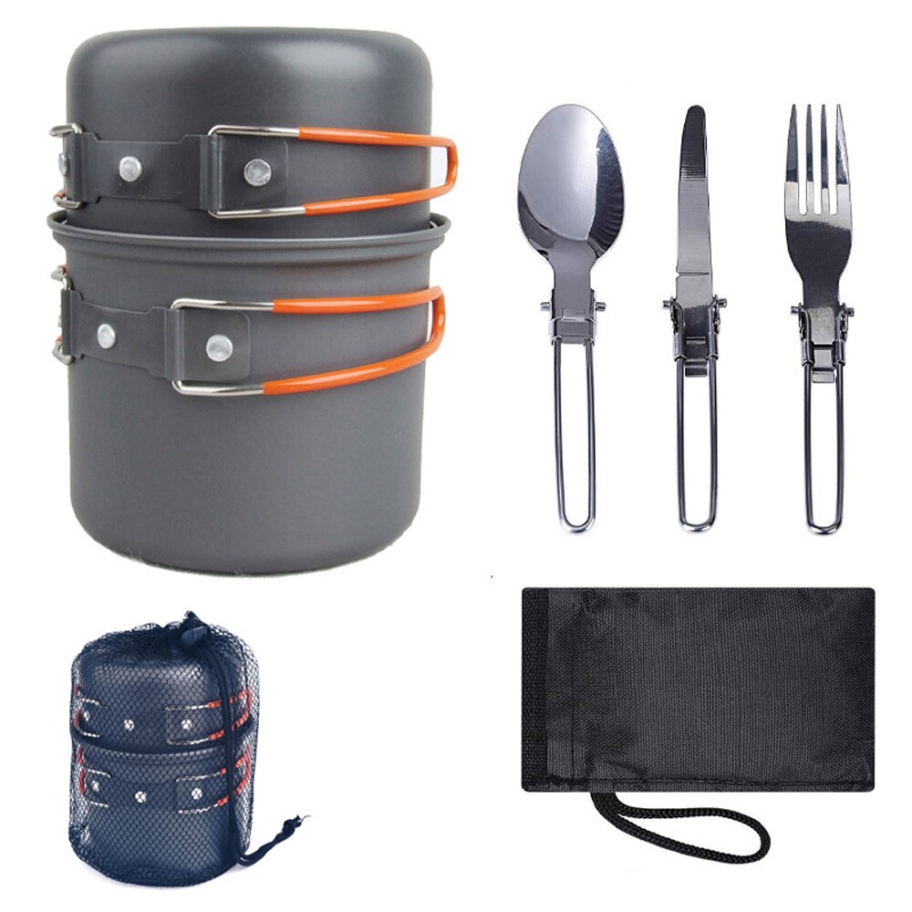Ultralette camping køkkengrej sæt redskaber udendørs bordservice vandreture picnic camping madlavning gryde pan gaffel ske campingudstyr: Orange