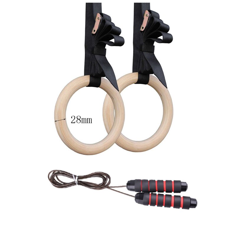 Rhythmic Gymnastic Rings Fitness Workout Exercise Wooden Pull Ups Muscle Training Equipment with Buckle Straps for Home Gym: 28mm with jump rope
