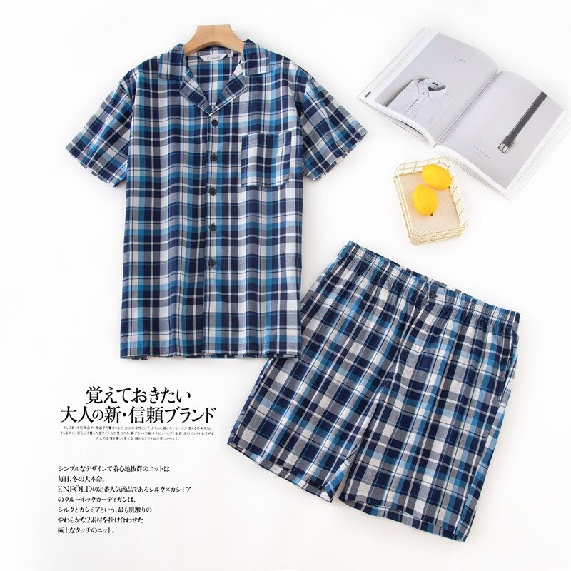 Verão masculino 100% algodão pijamas conjuntos de pijama de xadrez casual masculino terno de gola redonda manga curta cardigan camisa &amp; meia calças: D / L