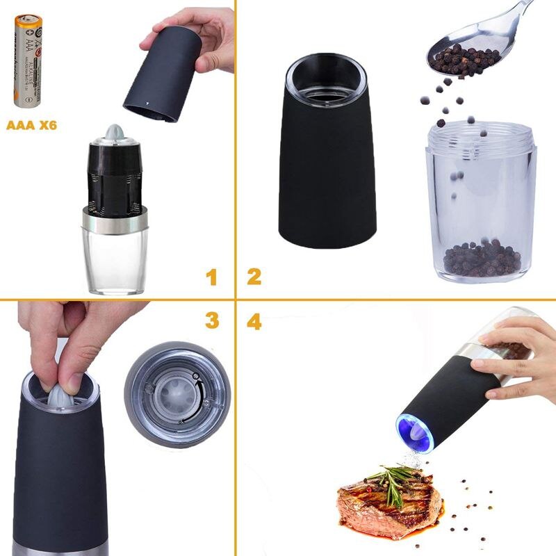 Premium Gravity Electric Salt and Pepper Grinder Set of 2 Battery Powered Salt Shakers, Automatic One Hand Pepper Mills with LED