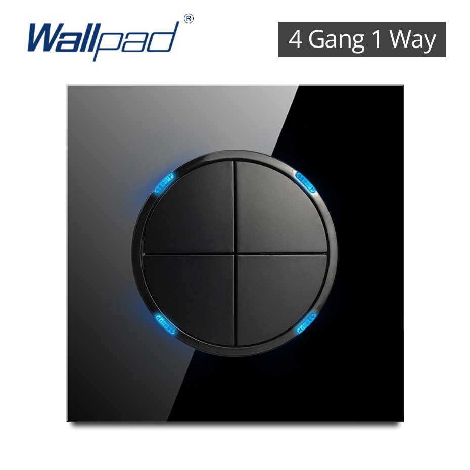 Wallpad Random Click Push Button Wall Light Switch With LED Indicator Socket Black Tempered Glass Panel For Home: 4 gang 1 way