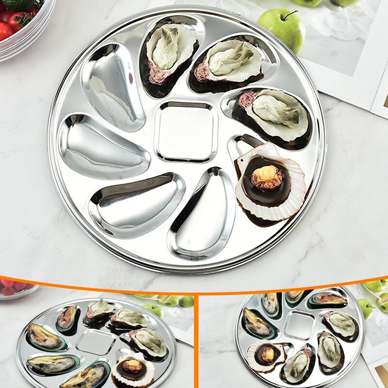 4PCS Oyster Plate Stainless Steel Oyster Plates Shell Shaped Durable Oyster Container With 8 Slots For Oyster Sauce: Default Title