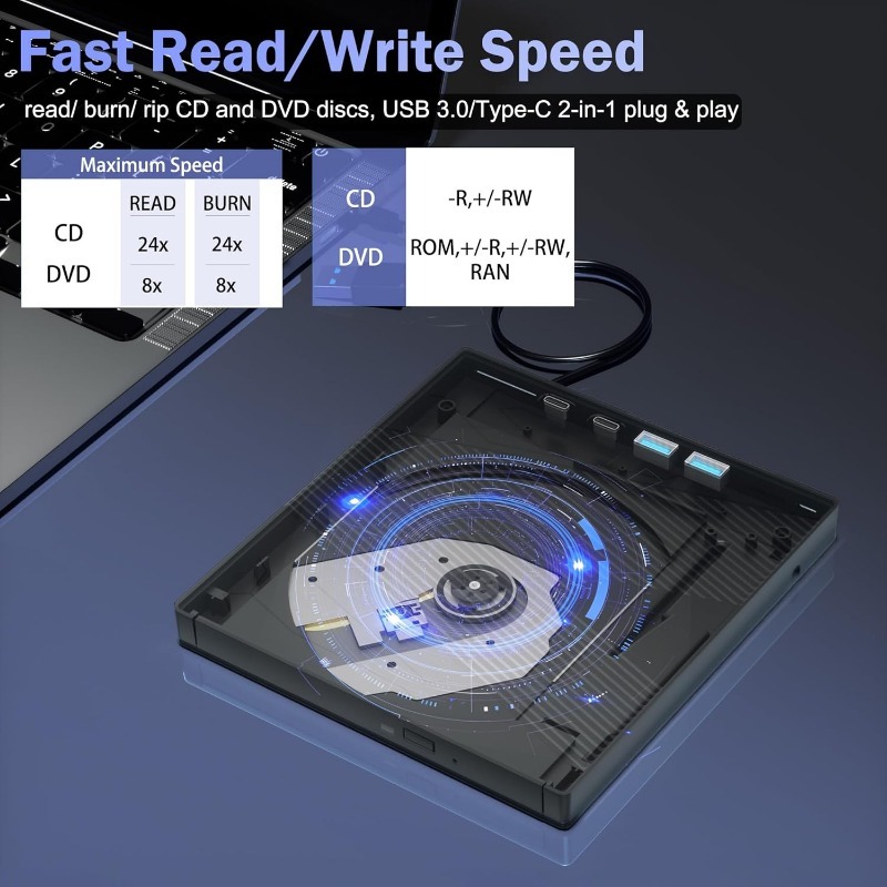 Externes USB3.0- und Typ-C-CD-DVD-Laufwerk mit 4 USB-Anschlüssen und TF/SD-Kartensteckplatz, CD/DVD-Brenner, Schreiber, Lesegerät, Player für Laptop, MacBook
