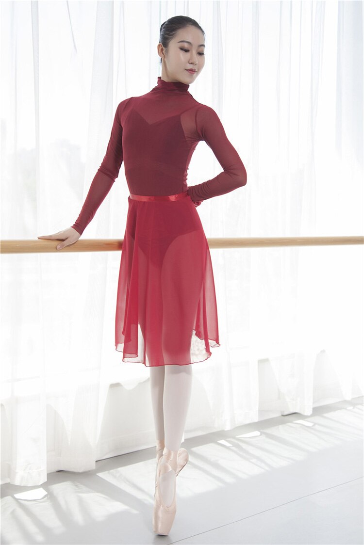 Balett tutu kjol vuxna mitten lång chiffong balett kjolar kvinnor lyrisk mjuk snörning ballett klänning ballerina dans: Röd