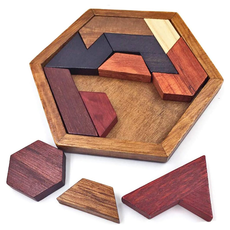 Classic hexagonal tangram puzzle made of wood, brain teasers for children, logic puzzles, casse tete rompecabezas de madera
