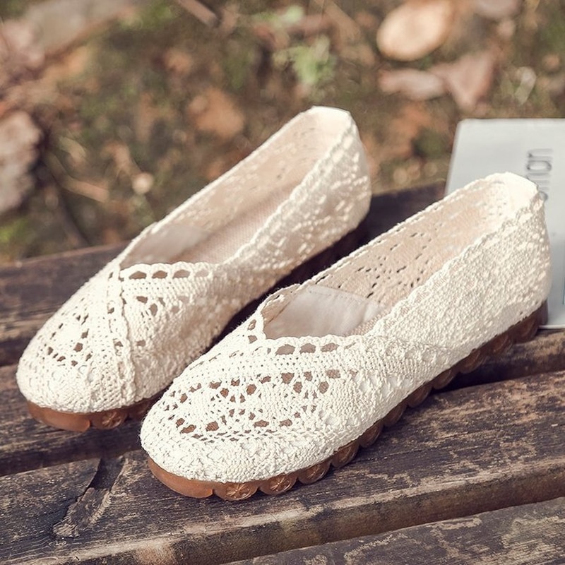 Zapatos de mujer, verano , tela con huecos de encaje, zapatos de guisantes, zapatos planos informales para mujer, mocasines de tela tejida a mano de fondo suave transpirable