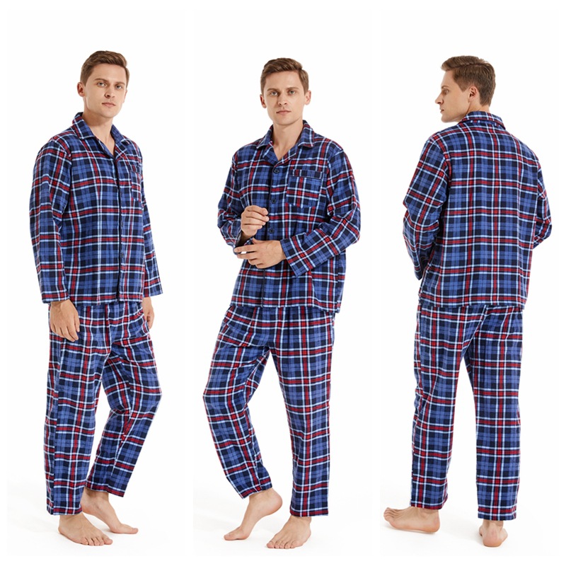 Conjunto de Pijama de talla grande para hombre, ropa de dormir de S-7XL, 100% algodón, para estar en casa, a cuadros, Otoño, 2 piezas