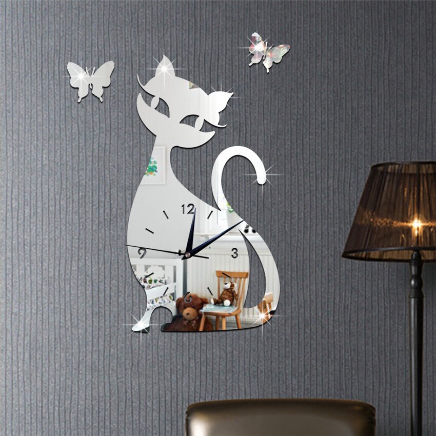 Acrylic Mirror Wall Clock Cartoon Cat Pointer Clock Watch Office Living Room Wall Mounted Clocks Decoration часы настенные: mirror - sliver