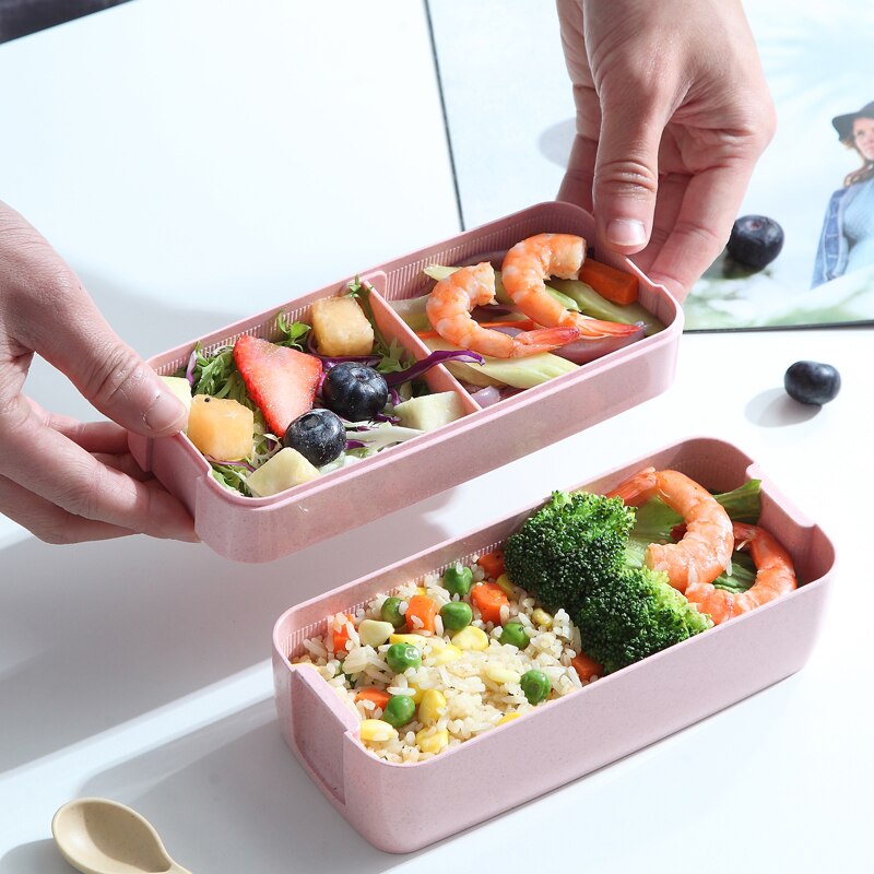 Health Material 3 Layers Lunch Box Microwavable Japanese Bento Food Container Eco-Friendly Wheat Straw 900ml Lunchbox