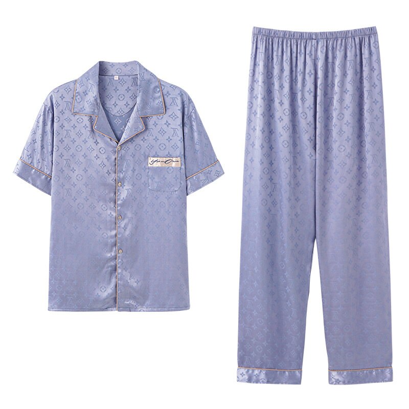 Ice Silk Pajamas Men&#39;s Summer Short Sleeve Youth Large Loose Home Clothes Shorts Two-piece Set