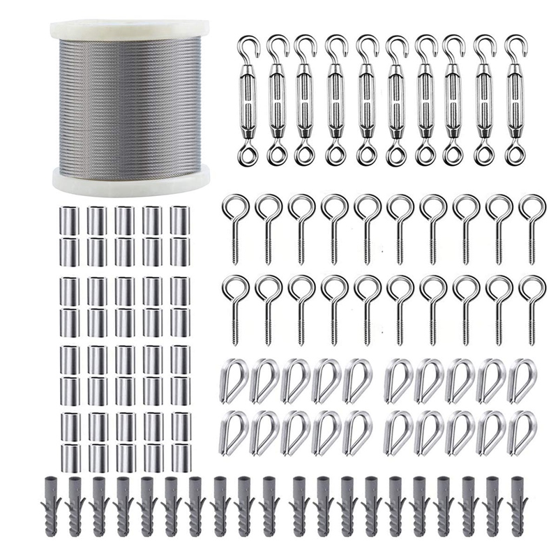 JEYL Garden Wire/Cable Railing/Wire Fence Roll Kit,200FT Heavy Duty Stainless Steel Cable Rope,Lag Screw Eye Screw