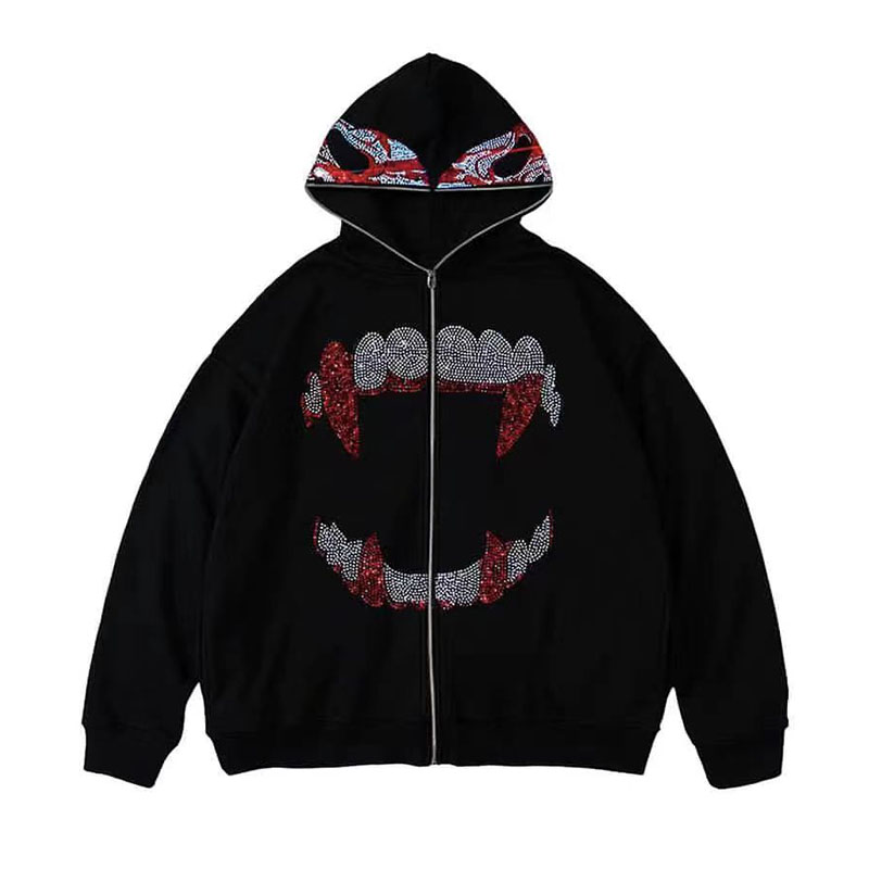 Otoño Punk Y2k gótico Grunge diamantes de imitación dientes Zip Up sudaderas con capucha de manga larga abrigo sudadera chaqueta ropa de calle: M