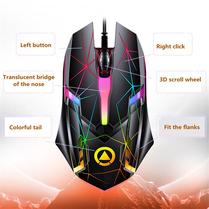 Colorful Glare Wired Office Gaming Mouse USB Interface 1200DPI Adjustment 3 Buttons 1.28m Optical Mouse For Desktops Laptop
