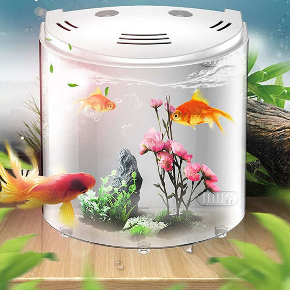 5L Fish Tank Filtration Clear Acrylic Home Decor USB LED Living Room Electronic Portable Office Mini Aquarium 180 Degree Open: White