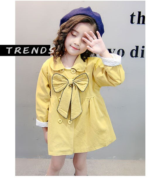Children's Spring Autumn Kids Trench Coat With Bow Baby Girl Long Sleeve Double-Breasted Coat Girls Outerwear 2 3 4 5 6 Year Old: Yellow / 2T